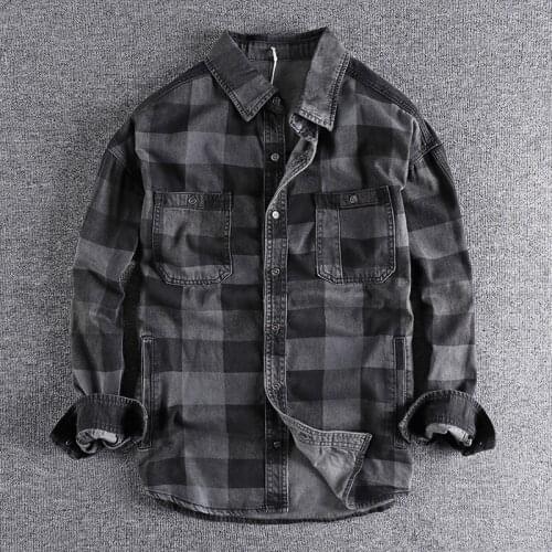 2021 Autumn Japanese fashion big check Denim Long Sleeve Shirt Mens loose fit casual outerwear clothes 312