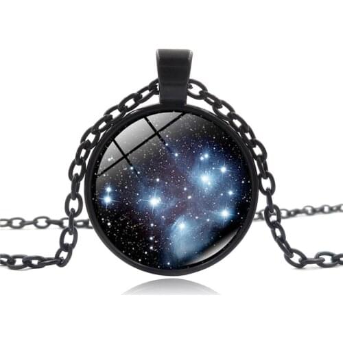 New Handcrafted Pleiades Star Cluster Pendant Universe Galaxy Necklace Space Jewelry Black Blue Round Photo Pendant Necklace
