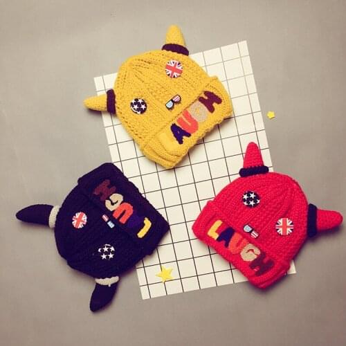 2016 Winter new baby girl boy cartoon horns cap brooches buckle velvet children wool hat warm knit newborn crochet baby beanie