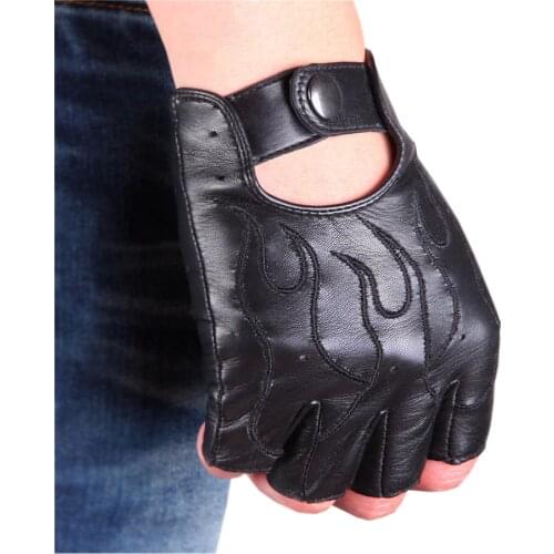 High Quality Leather Half Finger Gloves For Men Cool Flame Pattern Embroidery Driving Half Gloves Non-Slip Breathable M047N-5