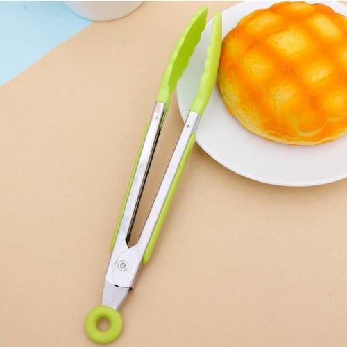 Silicone Kitchen Cooking Salad Serving BBQ Tongs Stainless Steel Handle Utensil Accessories random color 1Pcs