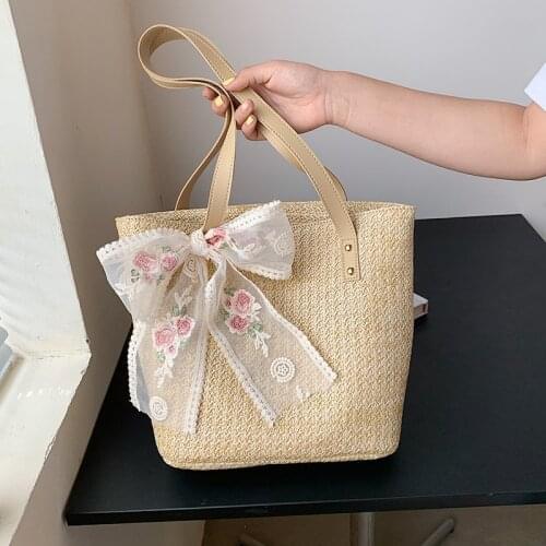 Straw Bag Women Hand-Woven Handbag Lace Bow Rattan Bag Big Capacity Drawstring Casual Shopping Beach Shoulder Crossbody Bag summ