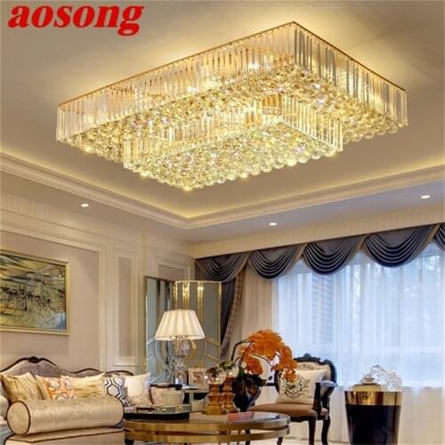 AOSONG Contemporary Gold Luxury Rectangle Ceiling Light LED Creative Crystal Lamp Fixtures Home For Decoration