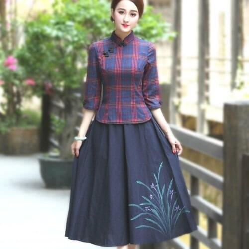 Traditional Chinese Skirt Sets Suit Guzheng Skirt Micro-elasticfolk Women Costume Ancient Plaid Oriental Cotton 3XL Shirt+skirt