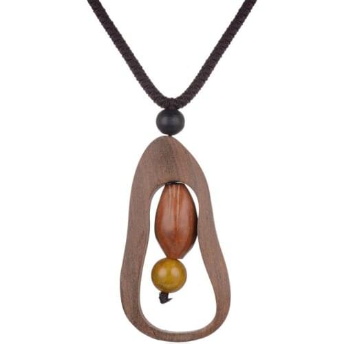 HONGYE Vintage Necklace Ethnic Colar Irregular Hollow Shape Connecting Beads Brown Wood Rope Chain Statement Necklaces Collier