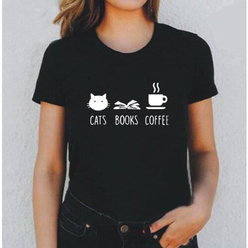 Women T Shirt Funny Cats Book Coffee Print Tee Shirt Femme Summer Short Sleeve T Shirt Women Tops Casual Harajuku Camiseta Mujer