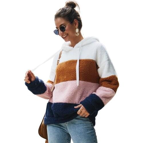 Lossky Women Hoodies Sweatshirt Striped Patchwork Ladies Long Sleeve Pullover Plush Top Autumn Winter Female Warm Clothing 2019