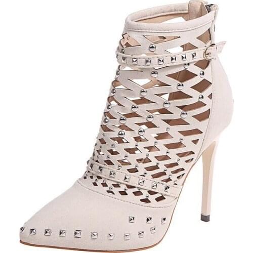 Ladies High Heels Sandals Womens Boots 2021 New Corduroy Hollow Mesh Belt Buckle Willow Nails Rhinestone Thin Heel Pointed Toe