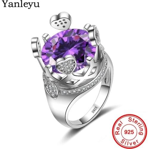 Yanleyu Luxury Big Purple Cubic Zircon Crystal Rings for Women Solid 925 Sterling Silver Wedding Ring Party Jewelry Gift PR146