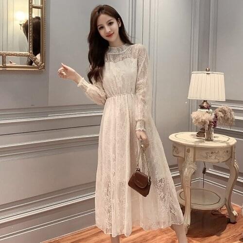 New 2019 Spring Autumn Women dress Flare Sleeve Patchwork Mesh Turtleneck Half A High-end French Lace Dresses Blue Apricot 9086