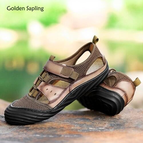 Golden Sapling Retro Mens Sandals Breathable Summer Outdoor Shoes Fashion Genuine Leather Sandals Men Leisure New Trekking Shoe