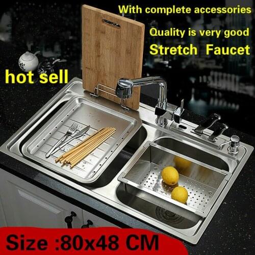 Free shipping Standard stretch faucet luxury kitchen double groove sink big food grade 304 stainless steel hot sell 80x48 CM