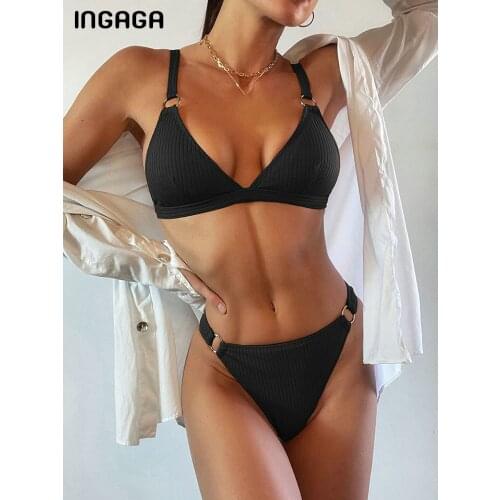 INGAGA Ribbed Bikinis Womens Swimwear 2021 Push Up Swimsuits Sexy Ring Biquini Solid Bikini Set Mid Waist Bathing Suits Summer