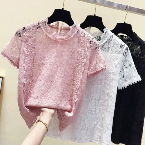 Blusas Mujer De Moda 2021 Pink Hollow Out Lace Blouse Women Tops Summer Short Sleeve Womens Blouses Top Female Ladies Tops B516
