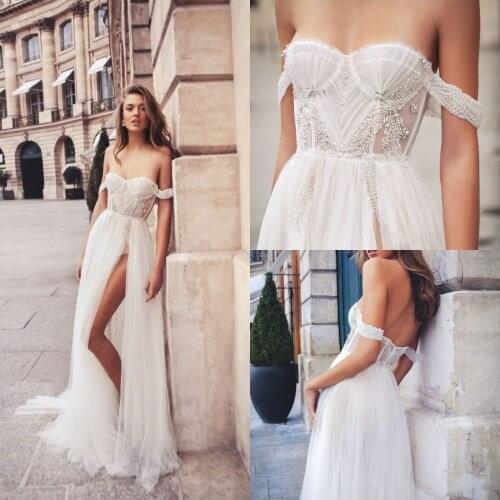 Bohemian Side Split Wedding Dresses Lace Appliqued Bridal Gowns Off The Shoulder Beaded Crystal Boho Backless Robes De Mariée
