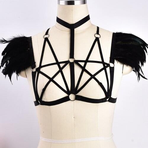 Black Pentagram Feather Wings body Harness Epaulette Cage Tops 90s Girls Harness Belt Feather Lingerie Bondage Cage Bra Clothing