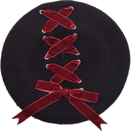 Women Cute Lolita Wool Beret Cap Velvet Lace-up Bowknot Painting Beanie Hat Headwear