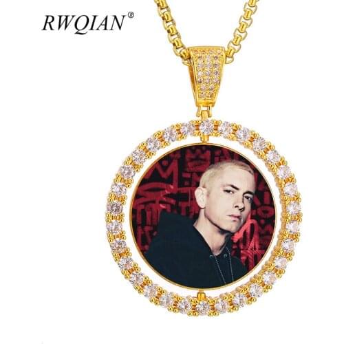 Custom Photos Rotating Double-sided Medallions Iced Out Crystal Pendant Necklaces 18K Gold Rope Chain For Mens Hip Hop Jewelry