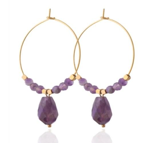 FYJS Unique Light Yellow Gold Color Geometric Shape Amethysts Crystal Stud Earrings for Women Blue-vein Stone Jewelry