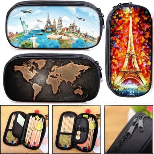 World Map / Eiffel Tower Cosmetic Cases Pencil Holder Kids Stationary Bag Boys Girls Pencil Box Women Makeup Bag School Supplies