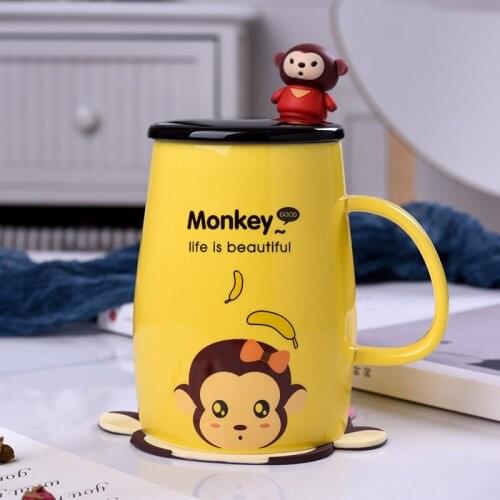 Creative color animal coffee mug with spoon lid,Cute 3D animal ceramic cups,Female student Korean mugs,home breakfast coffee cup