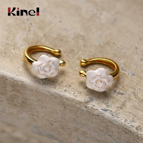 Kinel 100% Silver 925 Jewelry Flower Ear Clip White Enamel Design Earrings For Women Wedding Luxury Gift