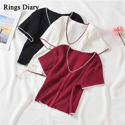 Rings Diary Knitted T- Shirts Women V-Neck Short Sleeve Buttoned Up Flounce Hem Casual Streetwear Crop Tees For Women Summer