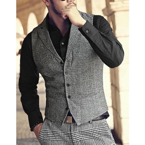 Mens Suit Vest Plaid Neck Wool Grey Single-breasted Slim Fit Waistcoat Casual Formal Business Groomman For Wedding Best Man
