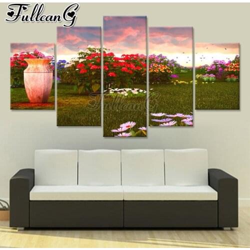 FULLCANG Garden flower vase 5 piece diy diamond painting full square round drill mosaic embroidery sale home decoration FC3064