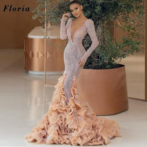 Luxury Dubai Crystals Feathers Evening Dresses Mermaid Party Gowns Arabic Beaded Prom Dress 2021 Vestido De Festa Celebrity Gown