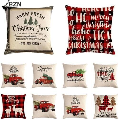 RZN Christmas Car Pillow Cases Cotton Linen Sofa Printed Cushion Cover Home Decorative Pillow Cover Home Decorative Pillow Case