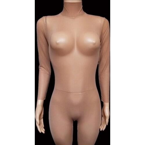 Sexy Nude Mesh Jumpsuit Long Sleeve Transparent Leggings women Dancer Singer High Collar Costume Prom Party Show Stage Wear