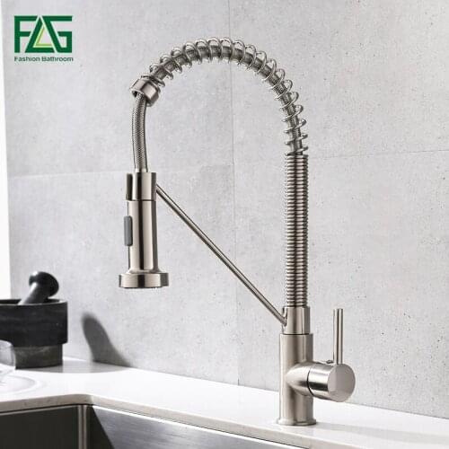 FLG Kitchen Faucets Spring Pull Out Brushed Nickel Faucet for Kitchen Sink Spout Mixers Tap Hot Cold Water Tap Crane 1009-33N