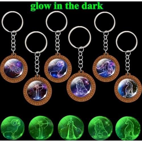 Luminous 12 Constellation Wood Keychain Glass Cabochon Zodiac Sign Keyring Pendant Wood Carved Car Keychain Accessories Jewelry