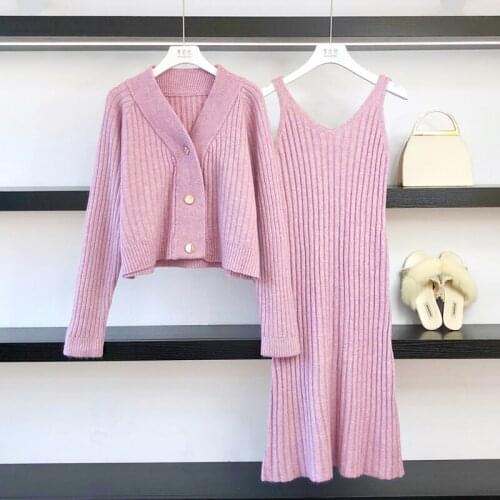 WSYORE Sweater Suit Female Spring and Autumn Slim Fashion Two-piece Set Women Knitted Cardigan Mid-long Sweater Dress NS2736