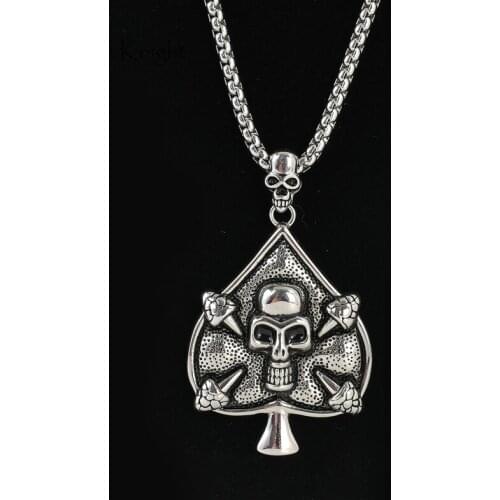 Vintage silver color Big Skull Spade pendant necklace mens cool stainless steel Spade skull Gothetic punk necklace BLKN0747