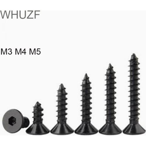 WHUZF 50/100PCS M3 M4 M5 Countersunk Head Hexagon Socket Tapping Screw Carbon steel Flat Allen Head Wood Screw