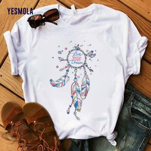 YESMOLA Womens T-shirt Flower Dreamcatcher T-shirt 2021 Summer Harajuku O-neck Top Womens Kawaii Street Summer Casual Clothing