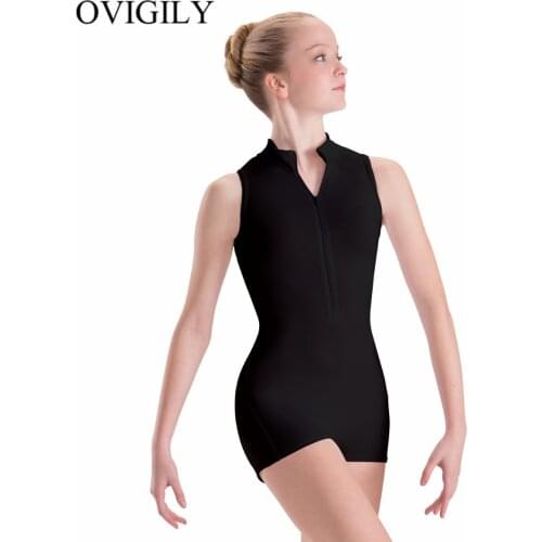 OVIGILY Womens Spandex Lycra Front Zip Turtleneck Biketard Black Gymnastics Unitards For Girls Sleeveless Ballet Dance Leotard
