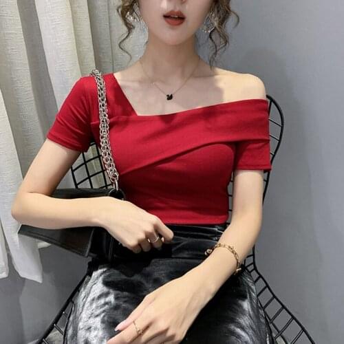 Summer V-Neck T-shirts Women Short Sleeve Off The Shoulder Knitted Tops Female 2020 Shiny Solid Tee Woman Harajuku Korean