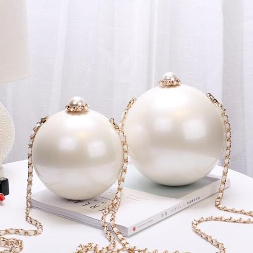 Ball Design Women Evening Bags Pearl Diamonds Metal Shoulder Handbags Purse Circular White Color Purse
