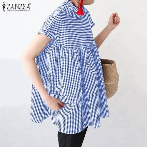 ZANZEA Women Vintage Short Sleeve Loose Shirt Summer Plaid Checked Blouse Tops Female Office Work Blusas Plus Size Tunic Mujer