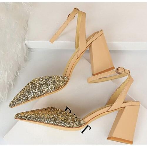 New Women 8cm High Heels Sandals Lady Glitter Stripper Block Low Heels Sandles Girls Wedding Bridal Chunky Office Bling Shoes