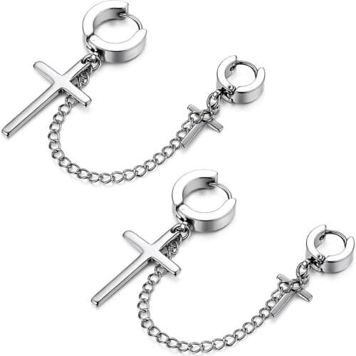 2 pcs Fashion Punk Earrings Jackets For Women Cross Double Cartilage Chain Stainless Steel Earring Silver Colour ladies Gift
