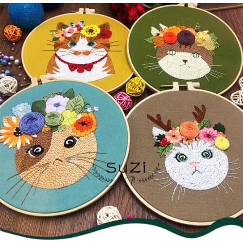 Animal Embroidered Cat Embroidery DIY Beginner Foundation Production Fabric Embroidery Material Package Home Hanger Decoration