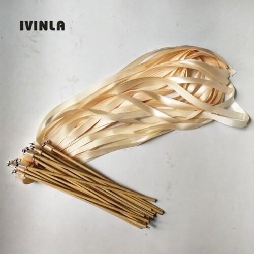 50pcs/lot Cream beige wedding ribbon wands with gold bell for wedding decoration