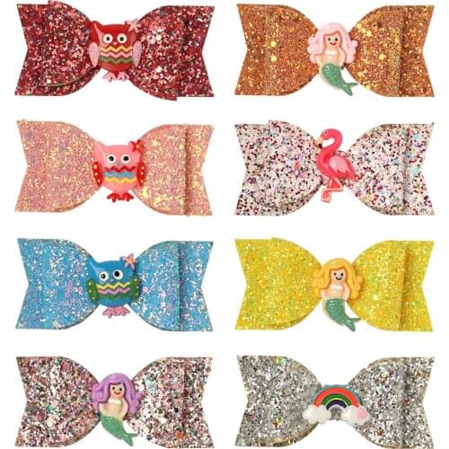 8pcs/lot Synthetic Leather Bow Clips Childrens Owl Hairpin Mermaid Bowknot Hairgrips For Girls Birthday Party