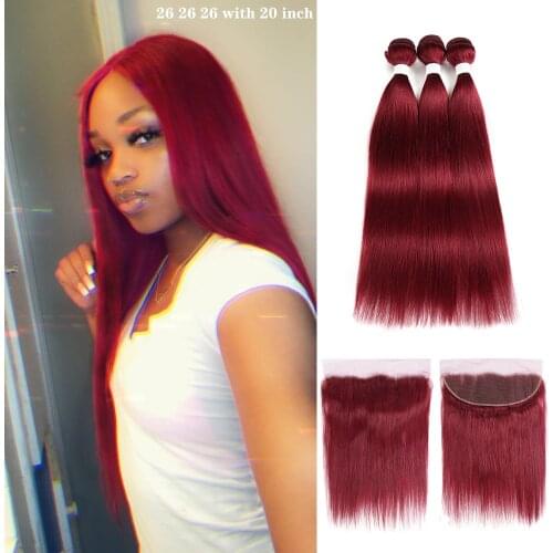 Brazilian Straight Human Hair Bundles With Frontal 13x4 99J/Burgundy Red Pre-Colored 3 Bundles With Closure Non-Remy KEMY