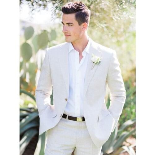 ANNIEBRITNEY Summer Ivory Linen Men Suit With Pants 2 Piece Slim Fit Ivory Groom Wedding Tuxedo Custon Summer Linen Men Suit Set