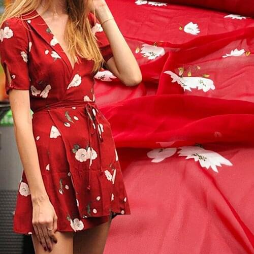 White Flowers On Red Digital Printed Chiffon Fabric For Dress Tissus Au MÈTre Telas Por Metro Tissu Vestidos Sewing Tela Ткань